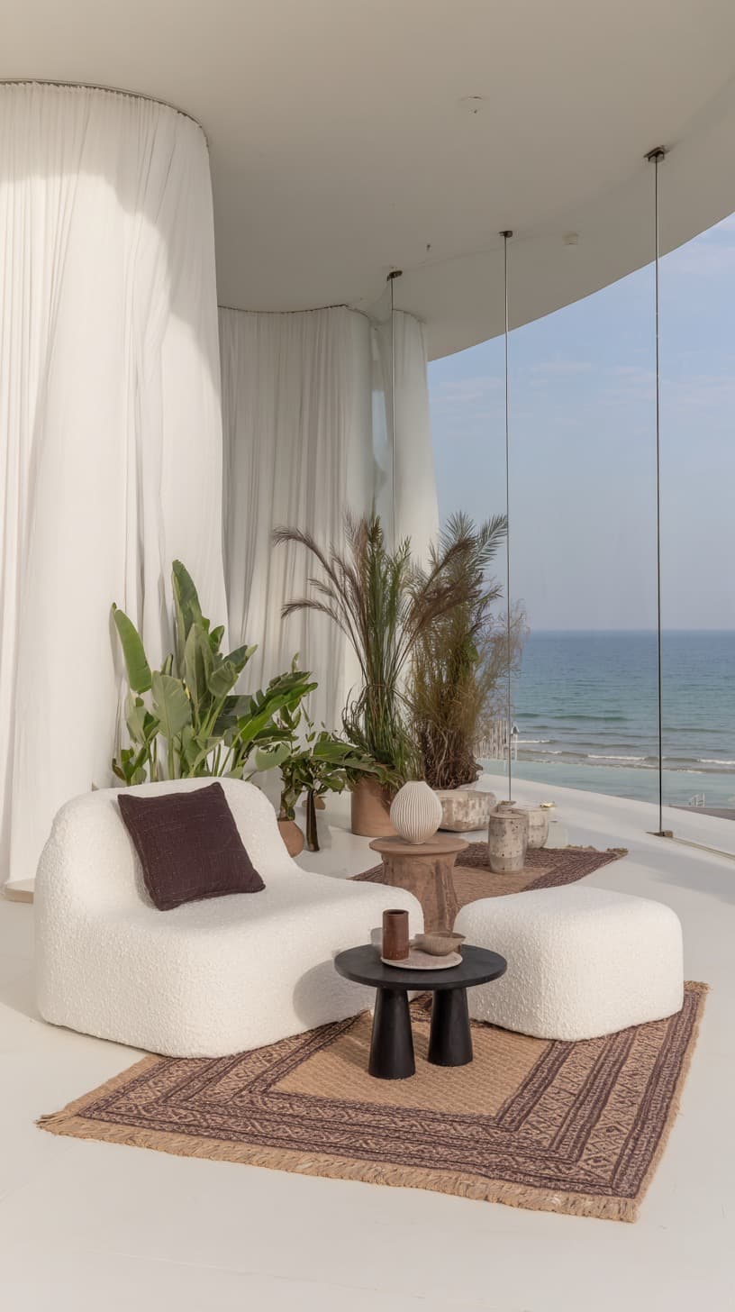 Boucle by the Sea: interior, ocean view — AI-generated Photorealistic image made with Midjourney