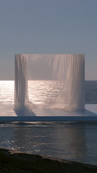 Veiled Stage Offshore: pavilion, sheer curtain — AI-generated Concept Art image made with Midjourney