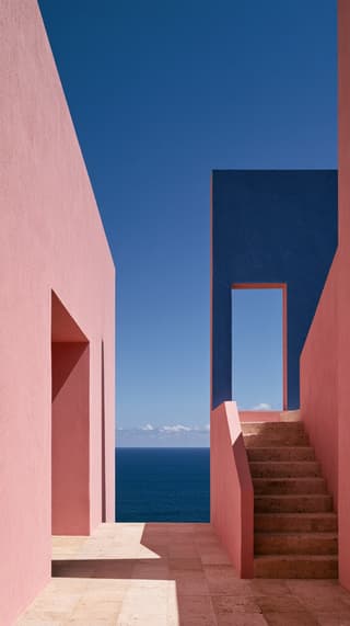 Pink and Blue Stairwell: architecture, pink — AI-generated Architecture image made with Midjourney