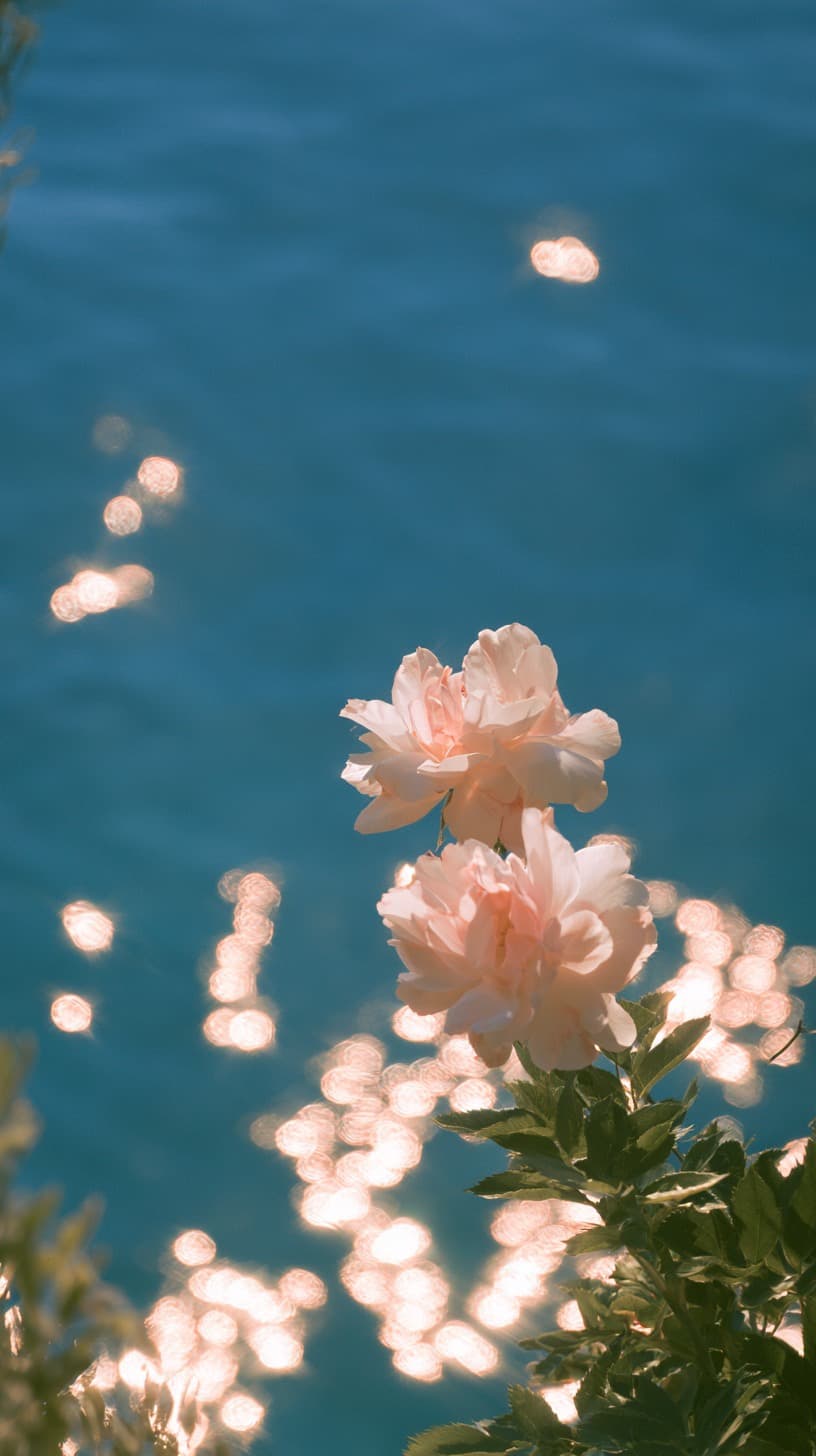 Blooms Over Sparkling Water: flowers, ocean — AI-generated Photorealistic image made with Midjourney