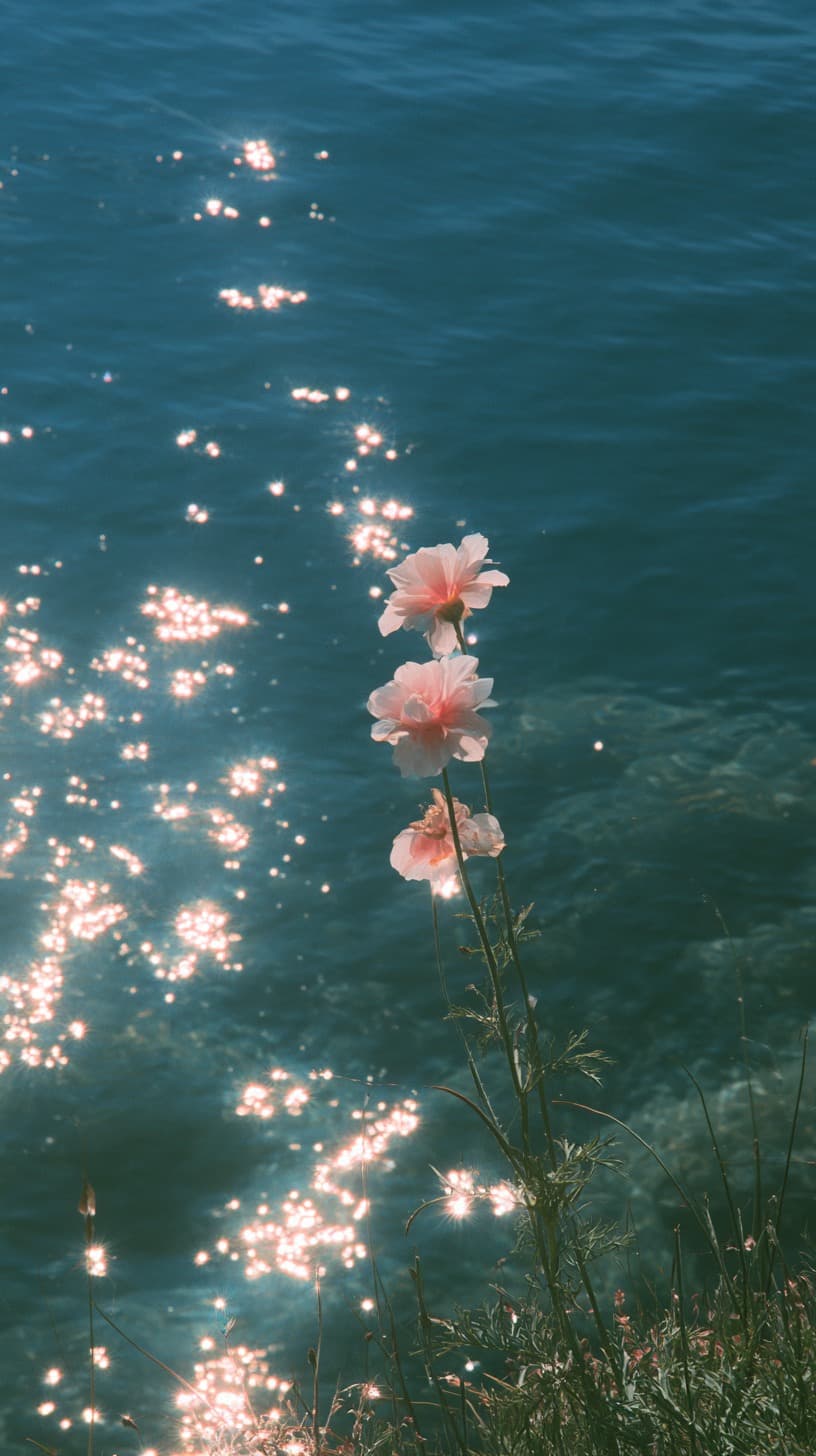 Cosmos at the Shore: flowers, ocean — AI-generated Photorealistic image made with Midjourney