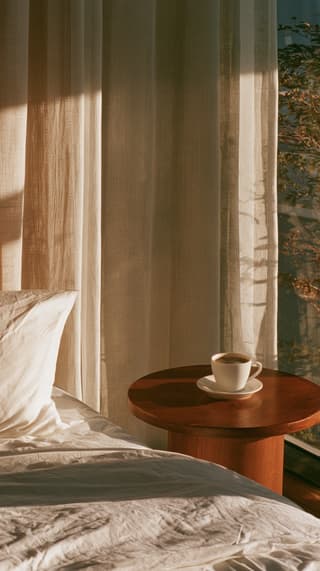 First Coffee, Soft Light: bedroom, coffee — AI-generated Photorealistic image made with Midjourney