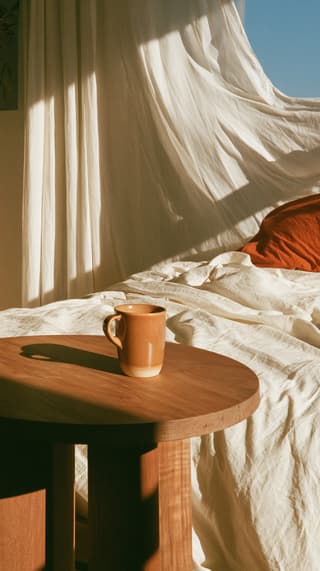Canopy Bed Morning: bedroom, coffee — AI-generated Photorealistic image made with Midjourney