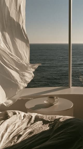Bed Beside the Sea: bedroom, ocean view — AI-generated Photorealistic image made with Midjourney