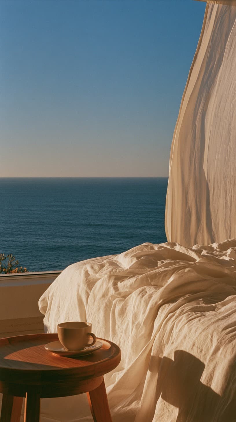 Slow Morning Overlook: bedroom, ocean view — AI-generated Photorealistic image made with Midjourney