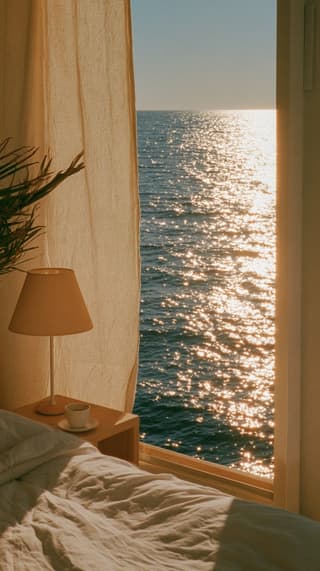 Lamp, Coffee, Ocean: bedroom, ocean view — AI-generated Photorealistic image made with Midjourney