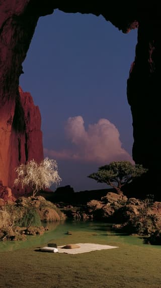 Picnic in the Red Cave: cave, picnic — AI-generated Concept Art image made with Midjourney