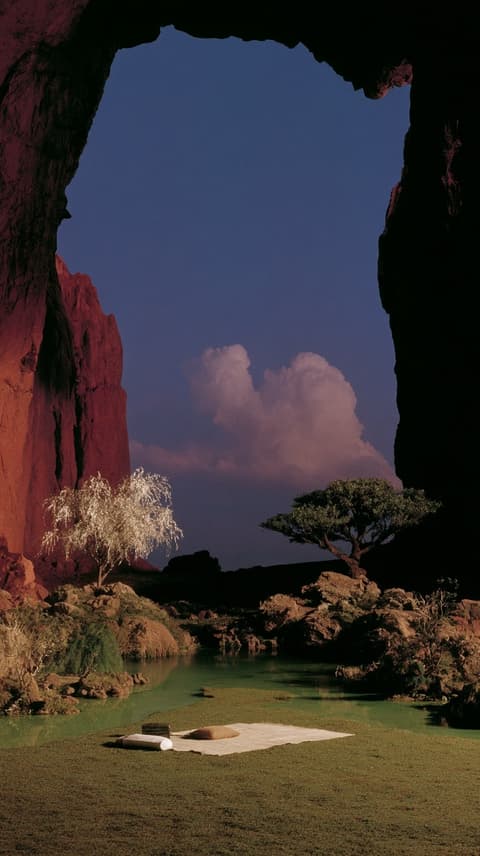 Picnic in the Red Cave: cave, picnic — AI-generated Concept Art image made with Midjourney