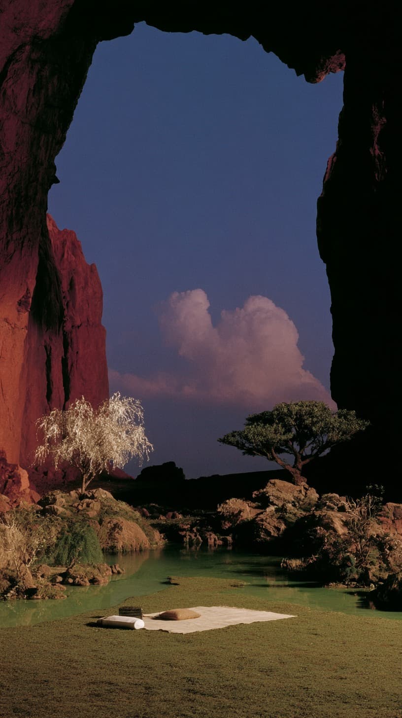 Picnic in the Red Cave: cave, picnic — AI-generated Concept Art image made with Midjourney