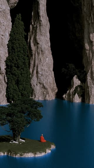 Monk on the Blue Water: monk, cypress — AI-generated Concept Art image made with Midjourney