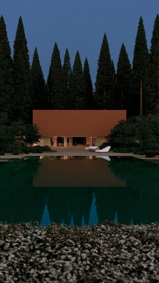Terracotta Pavilion at Dusk: pavilion, pool — AI-generated Architecture image made with Midjourney