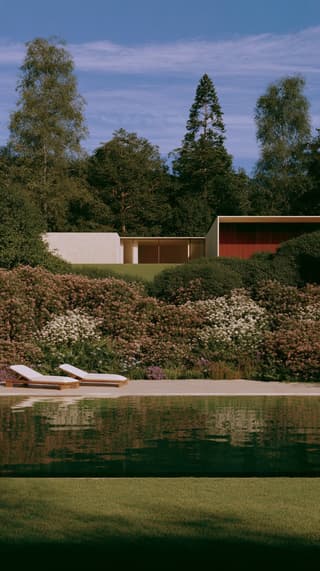Garden House by the Pool: house, pool — AI-generated Architecture image made with Midjourney