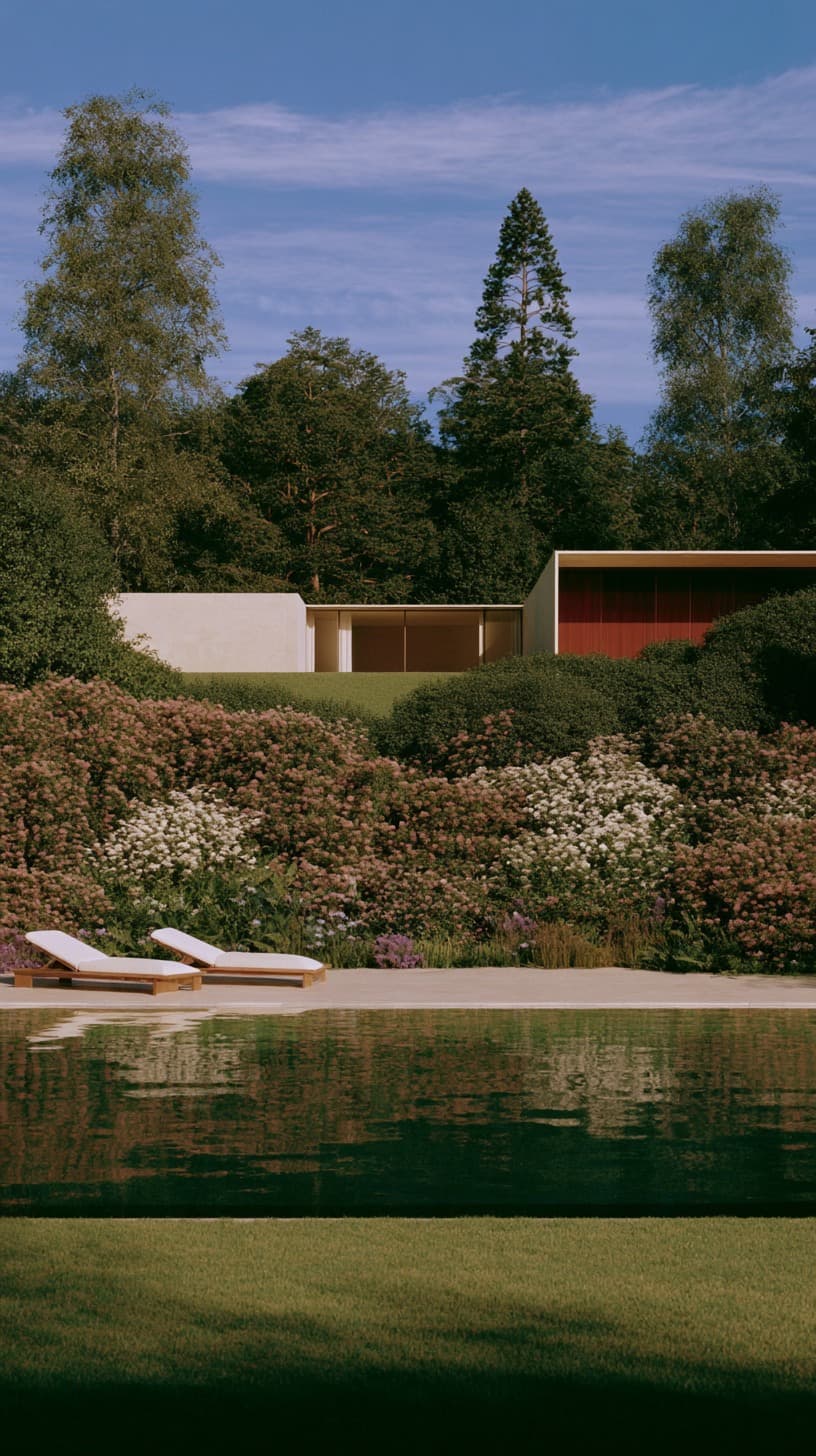 Garden House by the Pool: house, pool — AI-generated Architecture image made with Midjourney