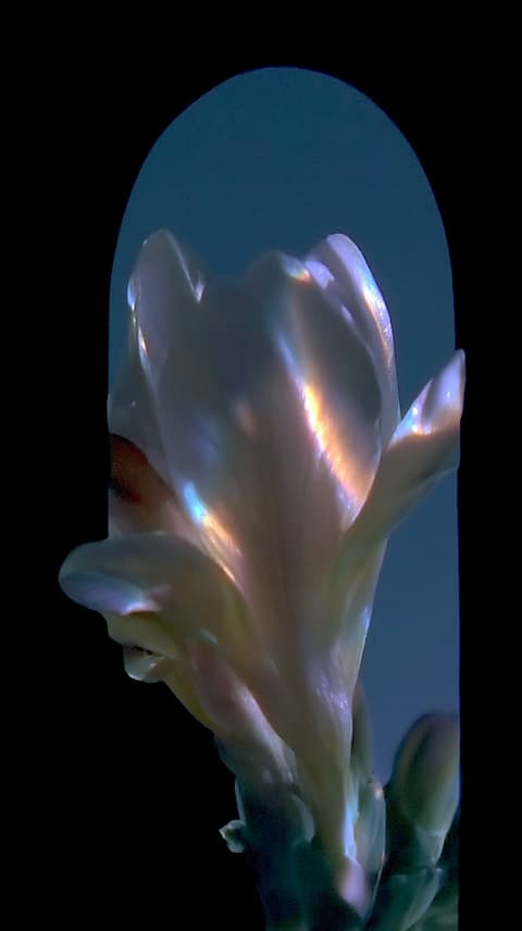 Pearl Bud in the Arch: iridescent, flower — AI-generated Concept Art image made with Midjourney