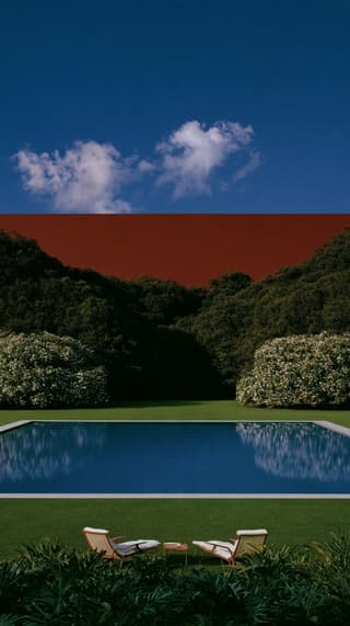 Red Wall, Blue Pool: red wall, pool — AI-generated Architecture image made with Midjourney