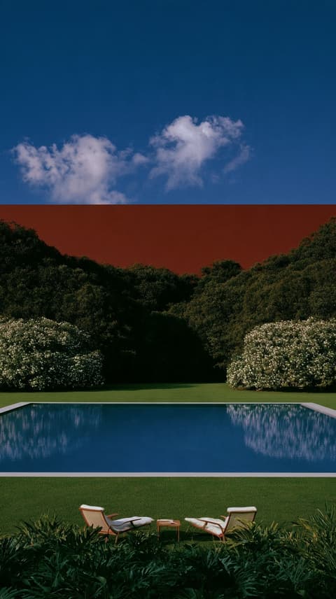 Red Wall, Blue Pool: red wall, pool — AI-generated Architecture image made with Midjourney